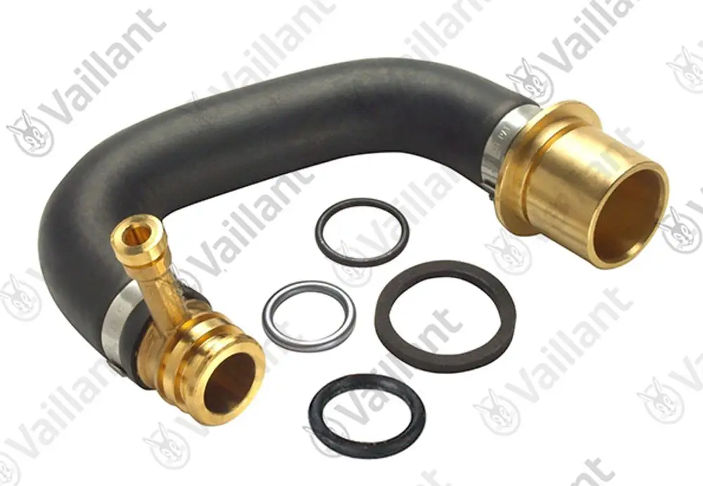 Vaillant Schlauch mit mehreren Dichtungen und Anschlüssen, gefertigt aus Gummi und Metall, zur Verwendung in Heizungs- oder Sanitäranlagen.